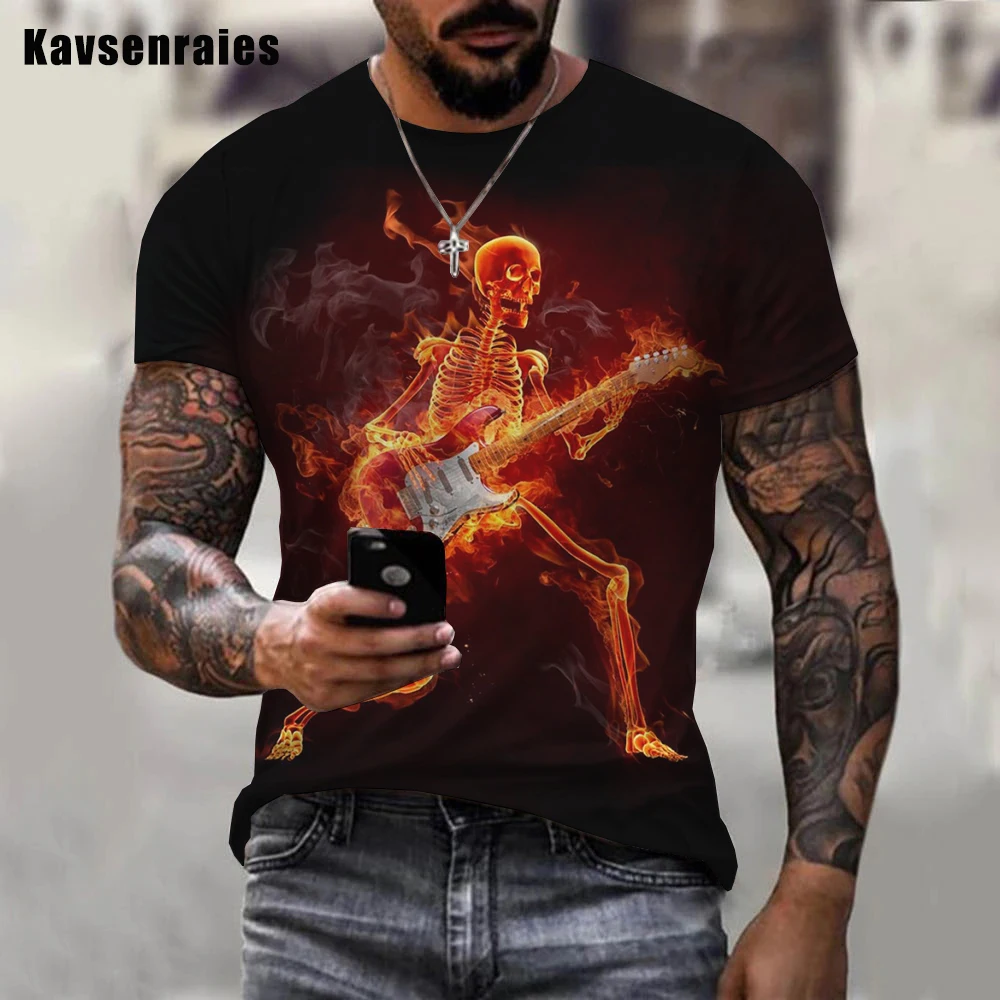 

Skull Playing Guitar Printed 3D T-shirt Men Women Summer Fashion Casual T Shirt Hip Hop Harajuku Streetwear Oversized Tops