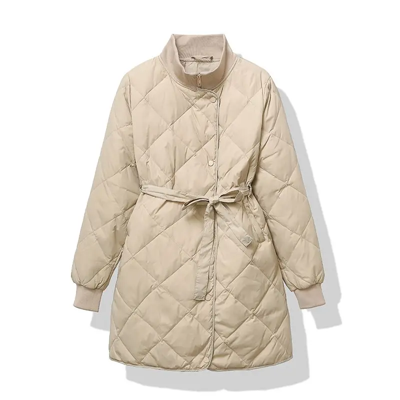 Workplace White Collar 90 Duck Down Stand Down jacket Women Winter New Loose Mid-Length Waist Hugging Diamond Pl...