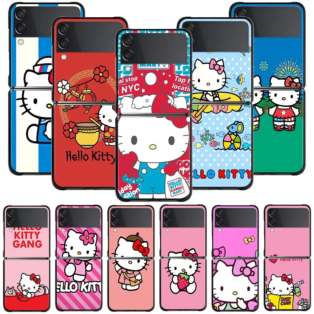 

Hot Cartoon Hello Kitty Black Phone Case For Samsung Galaxy Z Flip3 Z Flip3 5G Hard PC Cover ZF zflip3 Folding Fitted Funda