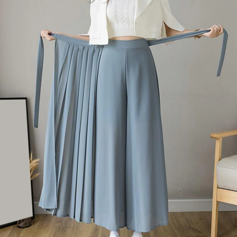 

2022 Spring Summer New Style Korean Women Pleated Chiffon Trousers High Waist Pants Hakama Casual Wide Leg Pantalones