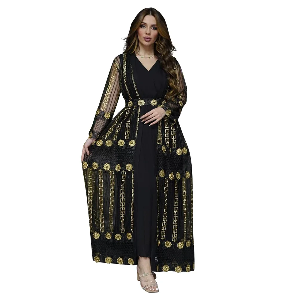 XQY500140 Middle East 2023 New Embroidered Mesh Cloth Coat with Chiffon Sundress Suit Kaftan Dress Muslim Abaya Dress Dubai