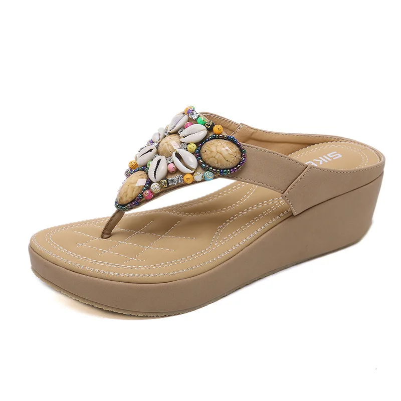 

Women Summer Flowers Flip-flops Women's Sewing Leisure Vacation Beach Seaside Wedge Heel Comfortable Plus Size Women Shoes