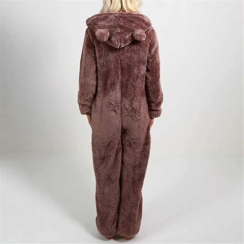 Autumn Winter Cute Fleece Plush Warm Hooded Pajamas Women 2023 Oversize Bodysuit Long Sleeve Loose Casual Zipper Jumpsuit S-5XL
