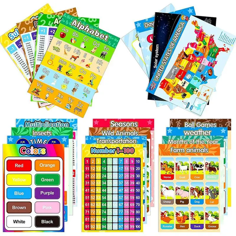 

20 Sheets English Educational Posters Kids Learning Wall Charts Animals Alphabet Early Education Posters Preschool Kindergarten