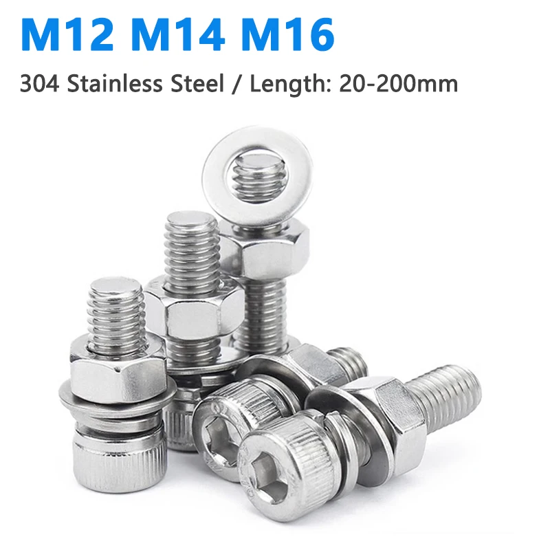 

Гайка шайба M12 M14 M16 304 из нержавеющей стали с шестигранной головкой, гайка шайба, пружина 4 в 1, цилиндрическая головка, комбинированный болт, 1 шт.