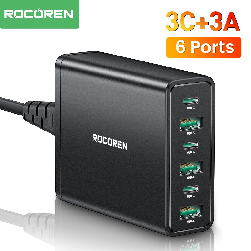 Rocoren GaN 60 Вт Тип C Зарядное устройство USB PD Быстрая зарядка Несколько 6-портовых