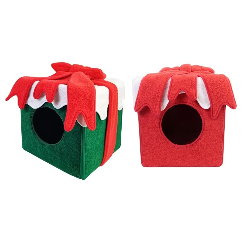 

448B Christmas Cat Cave Christmas Gift Box Shape Kitten Cat House Christmas Cat Houses For Indoor Cats Square Pet Nest