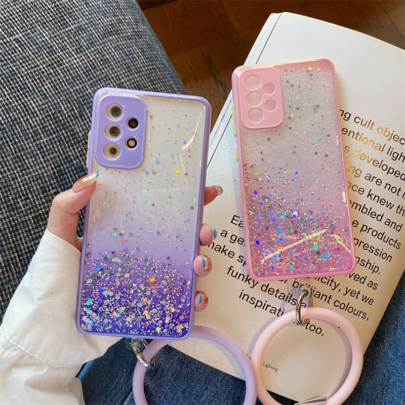 

Redmi 9 10 9T 9A 9C Note 11 Pro 10S 9 8 Pro Cover Portable Bracelet Phone Case for Xiaomi Mi 11 Lite Poco X3 M3 F3 Glitter Funda