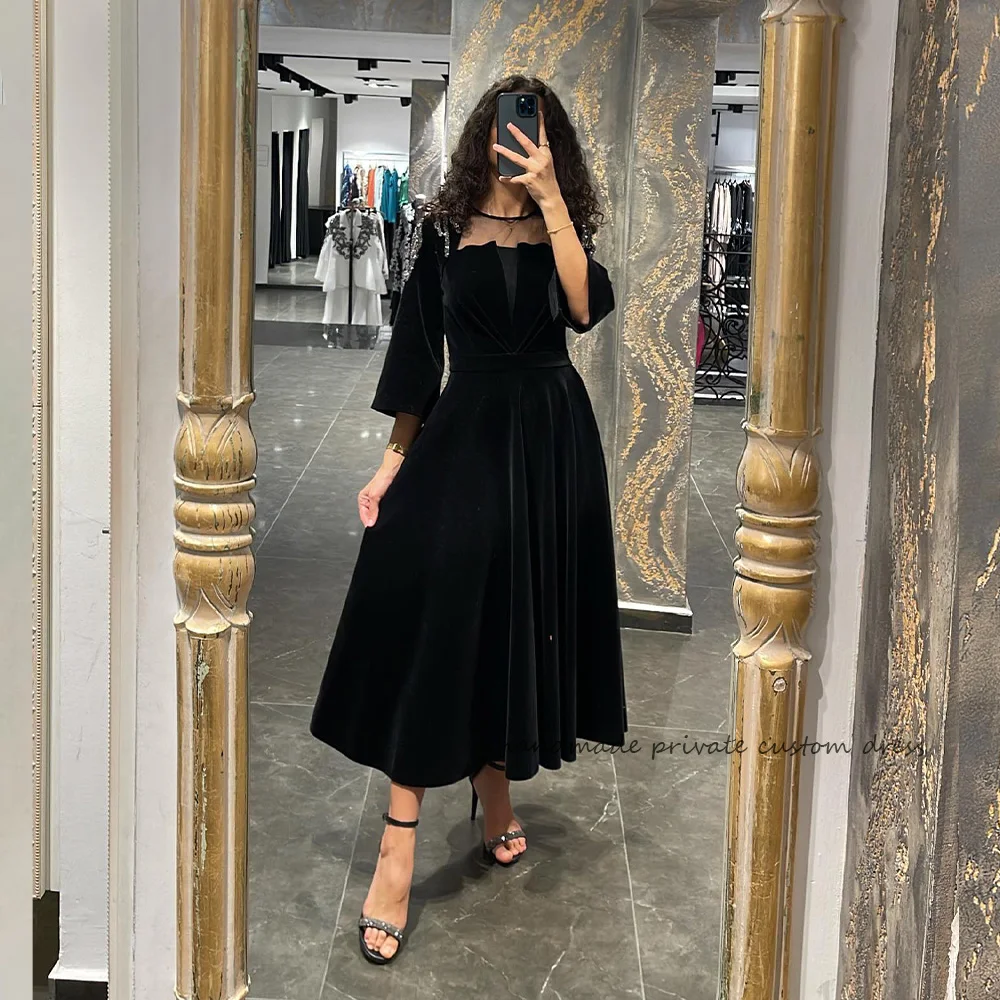 

Black Velvet A Line Midi Evening Dresses Women Outfits Beads Half Sleeve Saudi Arabic Prom Party Dress Tea Length Formal Gowns
