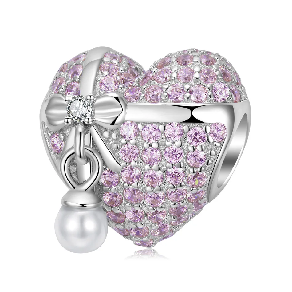 

Pave Pink Sparkling Heart Pearl Bead fit Women Bracelet Necklace Lady Girl DIY Jewelry Birthday Gift S925 Sterling Silver Charm
