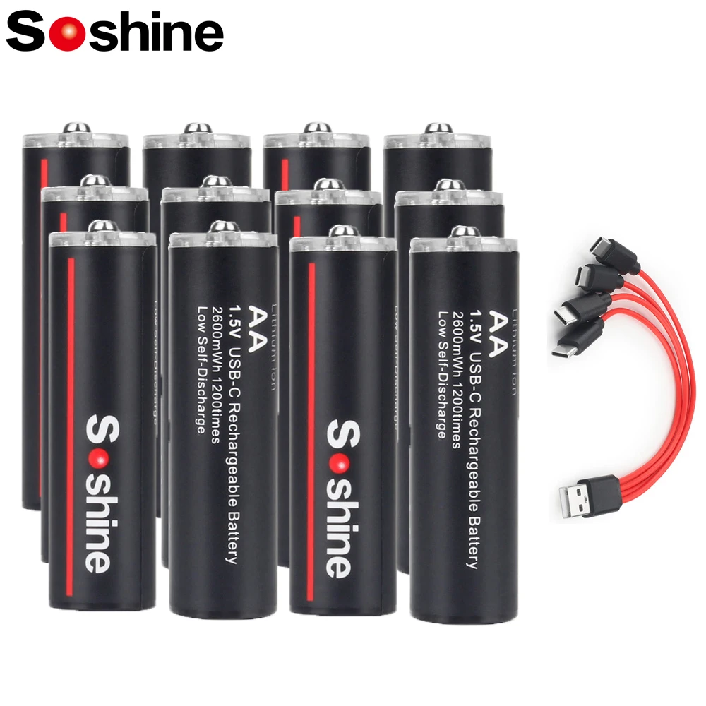 

Перезаряжаемые аккумуляторы Soshine, 1,5 в, AA, 1200 МВтч, 2 А, МВтч, литиевая батарея с USB, циклов работы, низкий саморазряд, литий-ионная батарея
