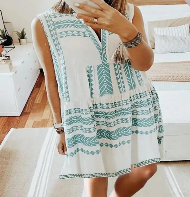 

Women's Dress Large Swing Type V-Neck Loose Fitting Waist Pullover Cute Spring/summer Printed Sleeveless Loose Dress Vacation