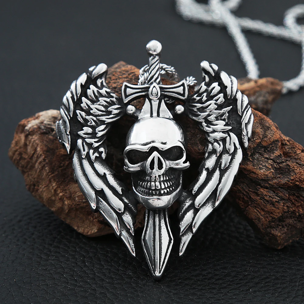 

Gothic Stainless Steel Angel Wing Skull Pendant Necklace Punk Hip Hop Men Nightclub Biker Skull Necklace Jewelry Gift Wholesale