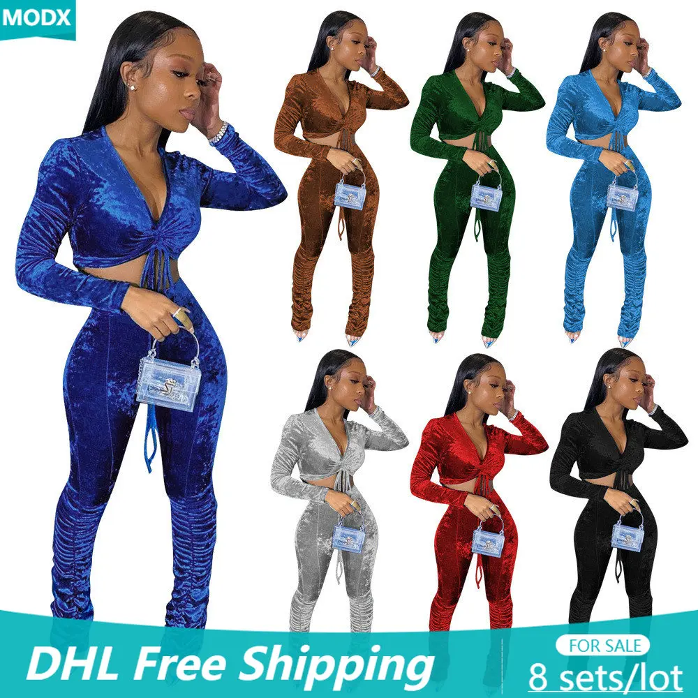 

Женский бархатный спортивный костюм в стиле ретро, комплект из 8 предметов, обтягивающий укороченный топ и брюки, 8604