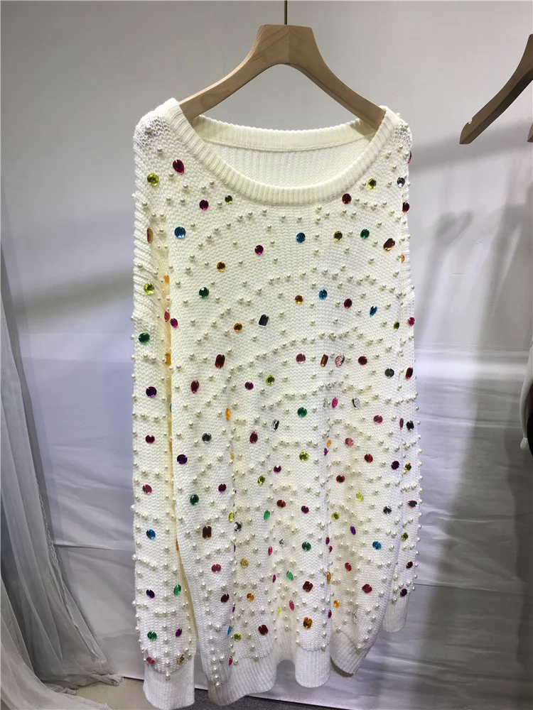 Coloured Diamond Beaded Mid-long Women Sweater Dress New Autumn Winter All-match Long Sleeve White Knitted Pullover Top Casual