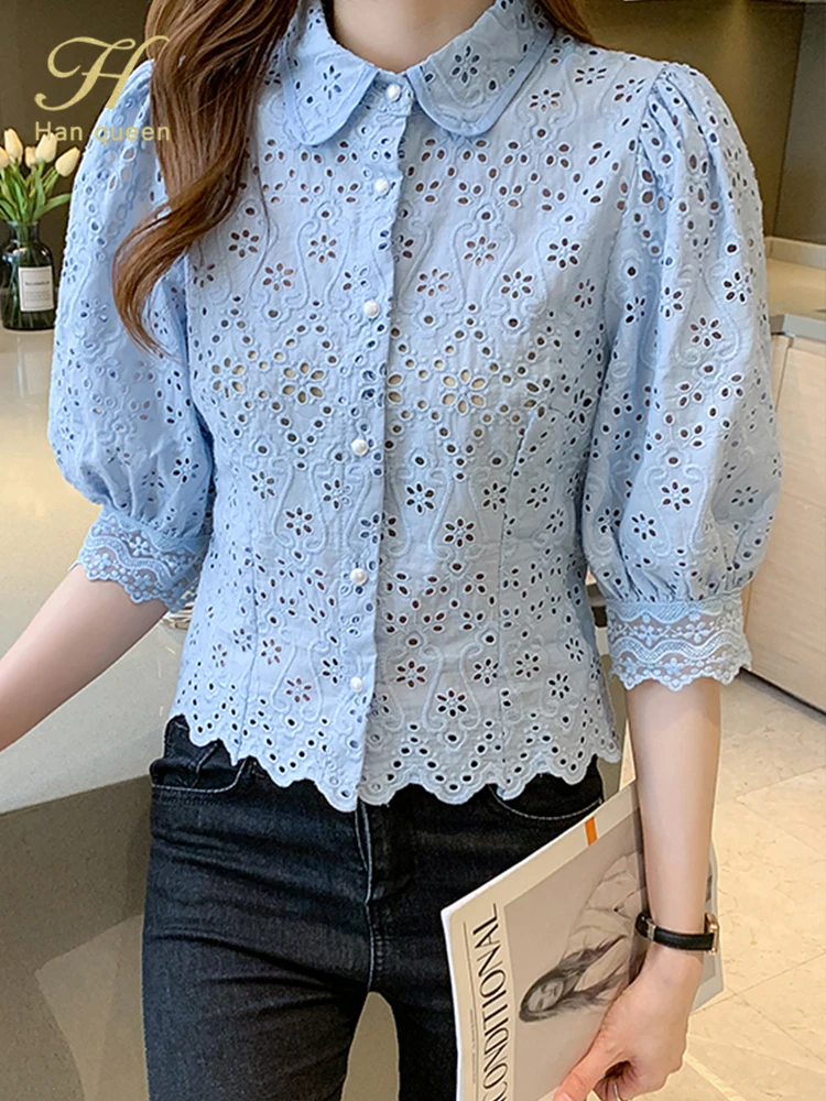

H Han Queen Summer Basic Office Lady Blusas Vintage Lace Tops Elegant Chiffon Blouse Women Loose Hollow Out Casual Shirts