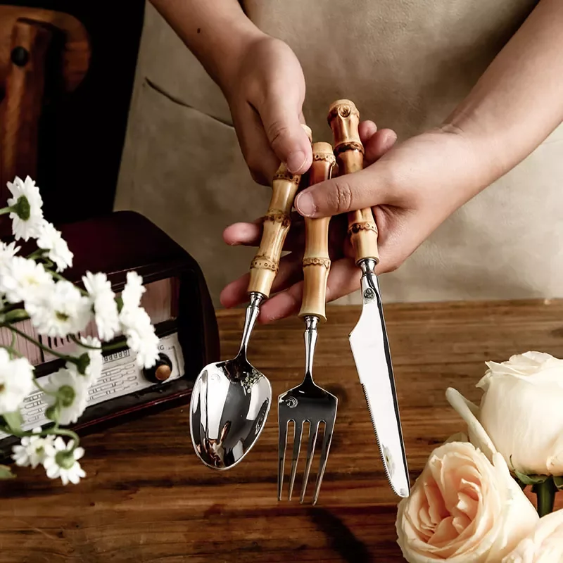 

16/24PCS Creative Bamboo Handle Stainless Steel Tableware With Steak Knives Flatware Knives Set Includes Dessert Spoon Forks