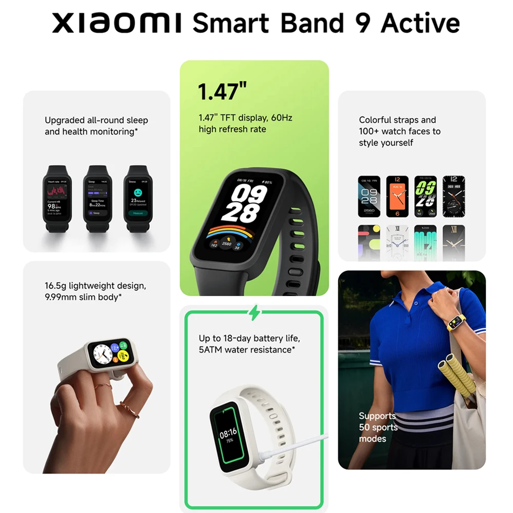 Фото Глобальная версия Xiaomi Smart Band 9 Active 1,47-дюймовый TFT-дисплей Xiaomi Band 9 Active Mi Band 9 Active Срок службы батареи до 18 дней №2