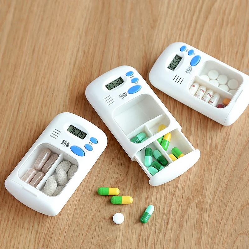 

Pill Box Medicine Pill Case Organizer LED Timer Reminder 2 Grids Tablets Storage Pill Dispenser Alarm Clock Drug Container