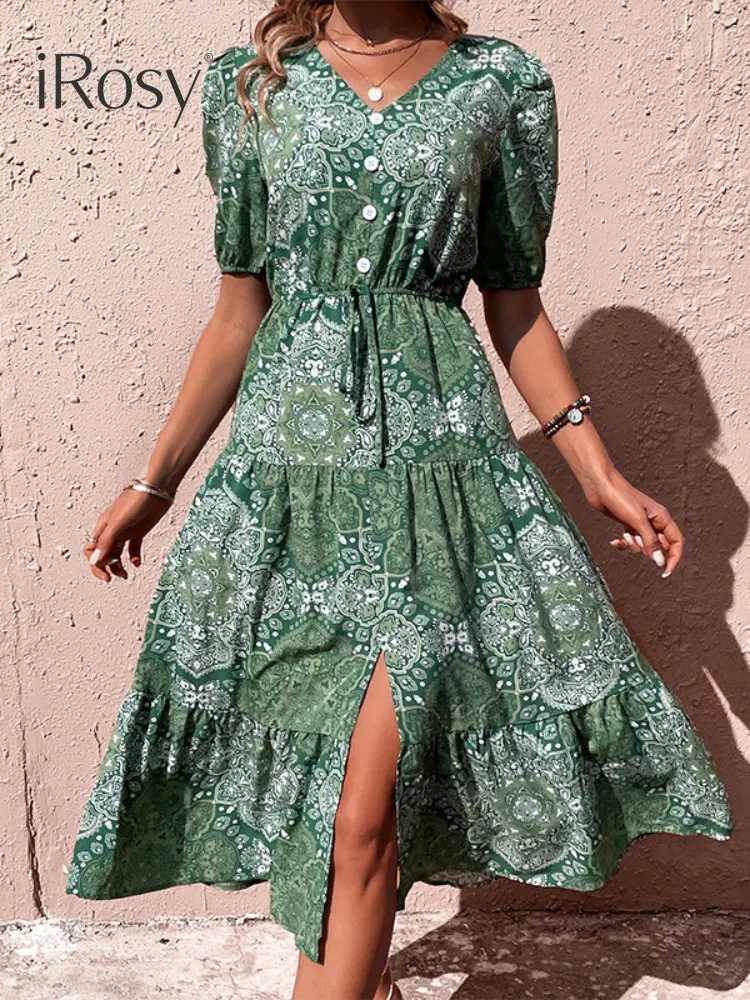 

Женское летнее платье с коротким рукавом, Зеленое Длинное Платье с разрезом спереди, элегантное платье в стиле бохо для отпуска, женская одежда, 2023