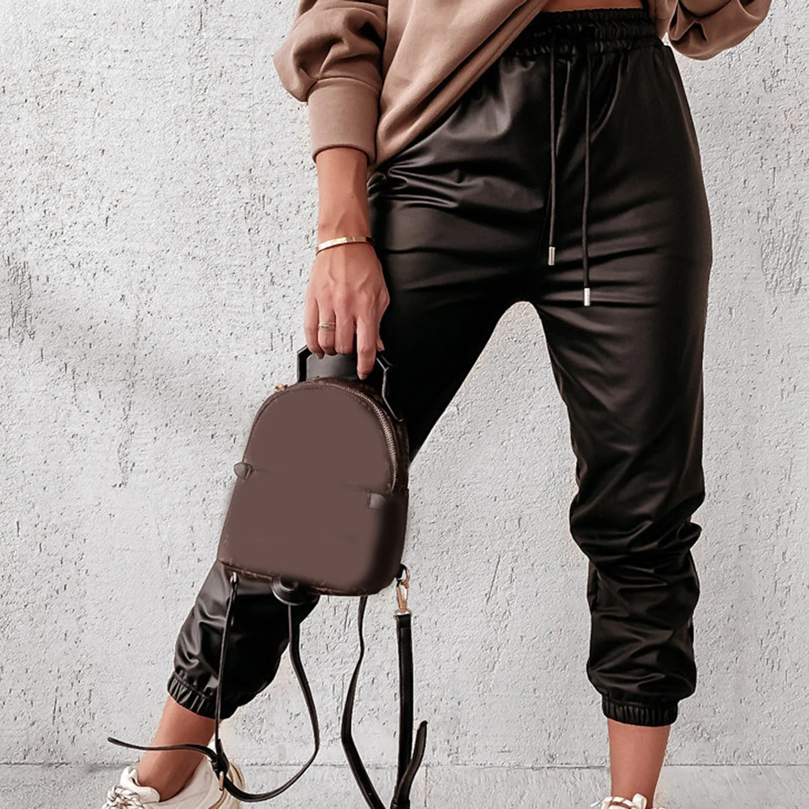 

Брюки Женские однотонные на шнурке, Элегантные Простые кожаные штаны в повседневном стиле, на осень и зиму, 4