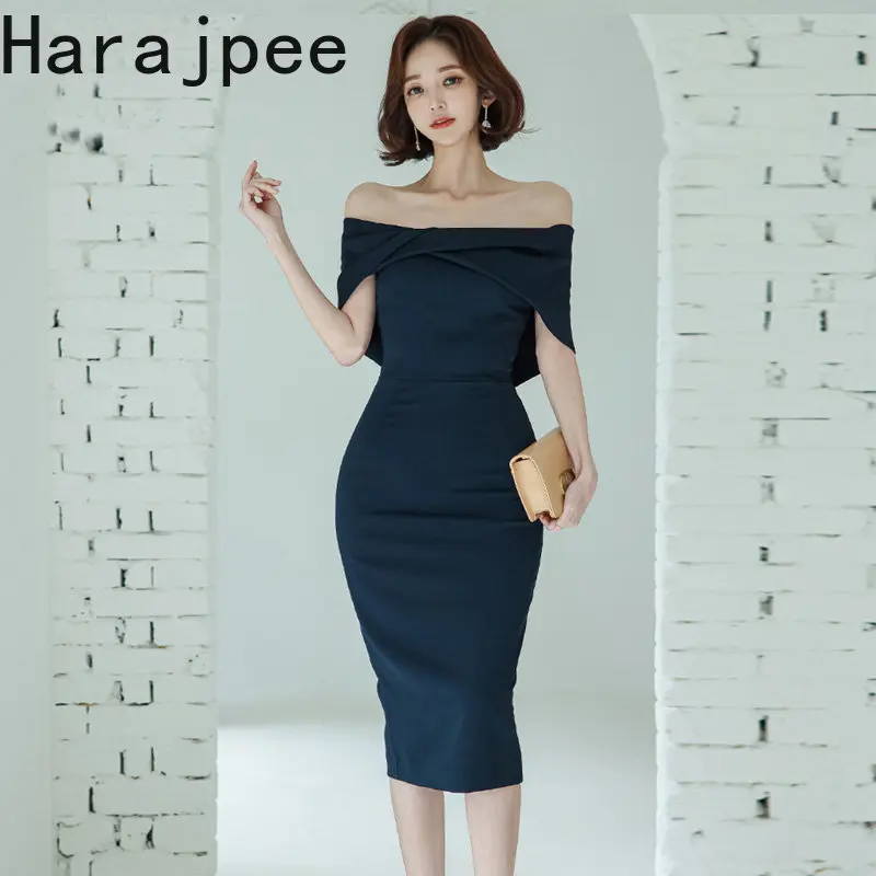 

Соблазнительное женское платье Harajpee, новинка 2023 года, модное элегантное прямое платье средней длины в Корейском стиле с одним открытым плечом и поясом, в стиле знаменитостей