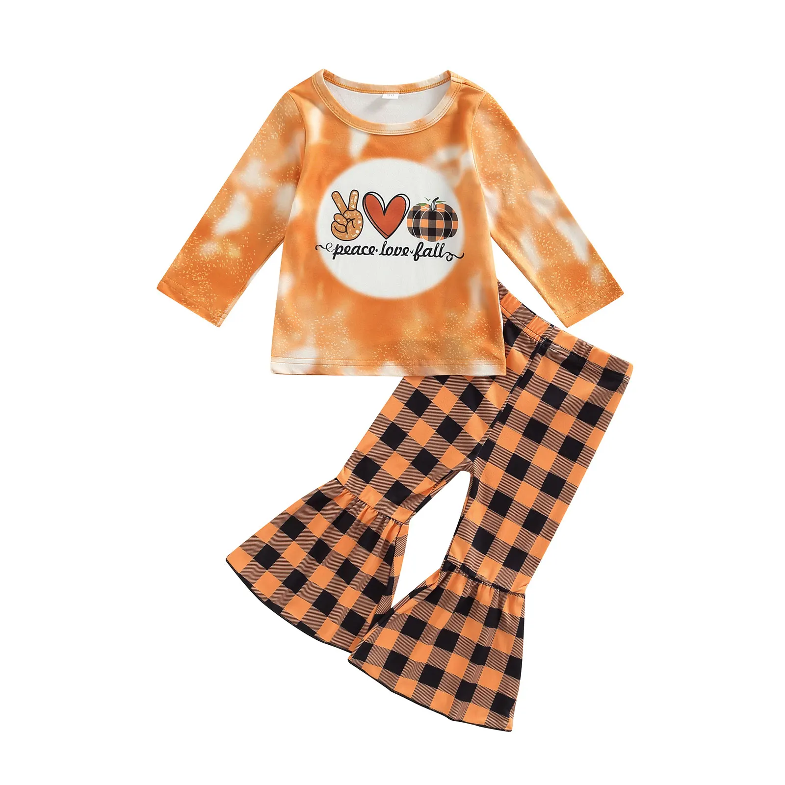 2022-06-10 Lioraitiin 1-6Years Toddler Girls Halloween 2Pcs Outfit Sets Long Sleeve Pumpkin Print Tie Dye Tops Plaid Flared Pant
