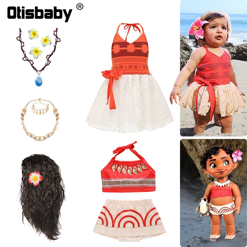 One Piece Summer Vaiana Baby Girl Dress Infant Birthday Party Moana Princess Fluffy Vintage Beach Dress Kids Clothing Set