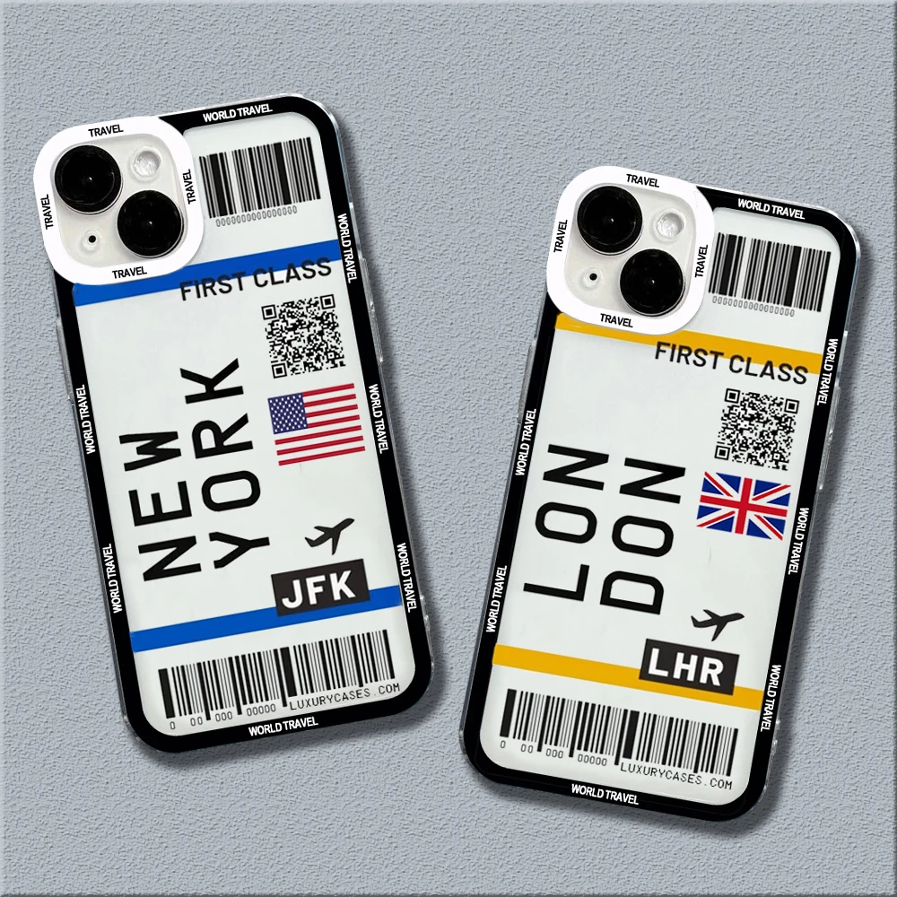 

World City Travel Ticket New York Label Clear Phone Case For Samsung Galaxy S23 S22 S21 Ultra Plus S20 FE Note 20 5G Soft Cover