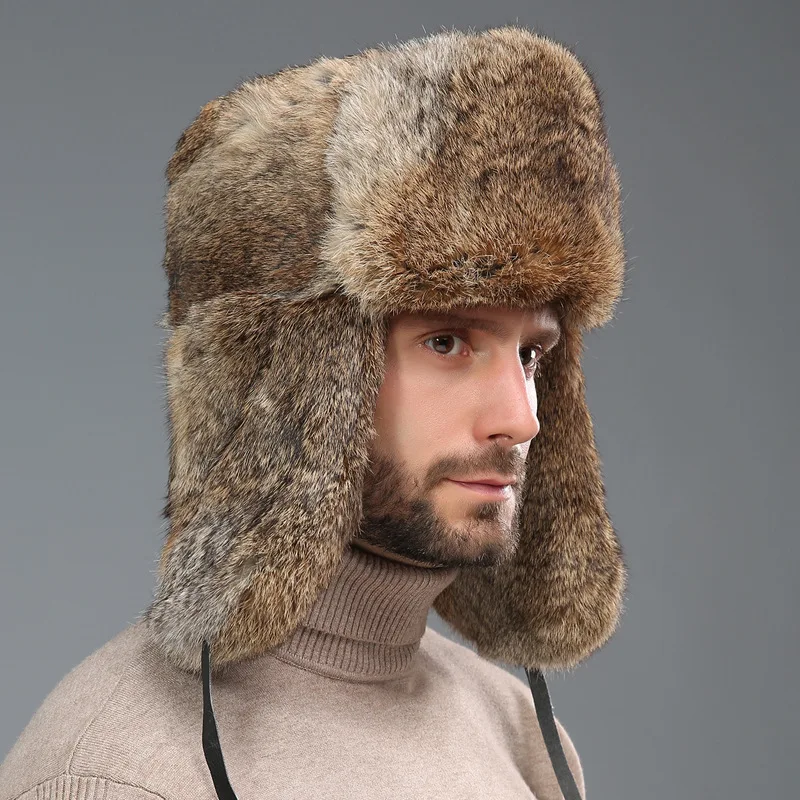 

2023 New Casual Men's Rabbit Hair Imitation Lei Feng Hat Northeast Fur Hat In Winter Warm Outdoor Thickened Ear Cap Winter Hat