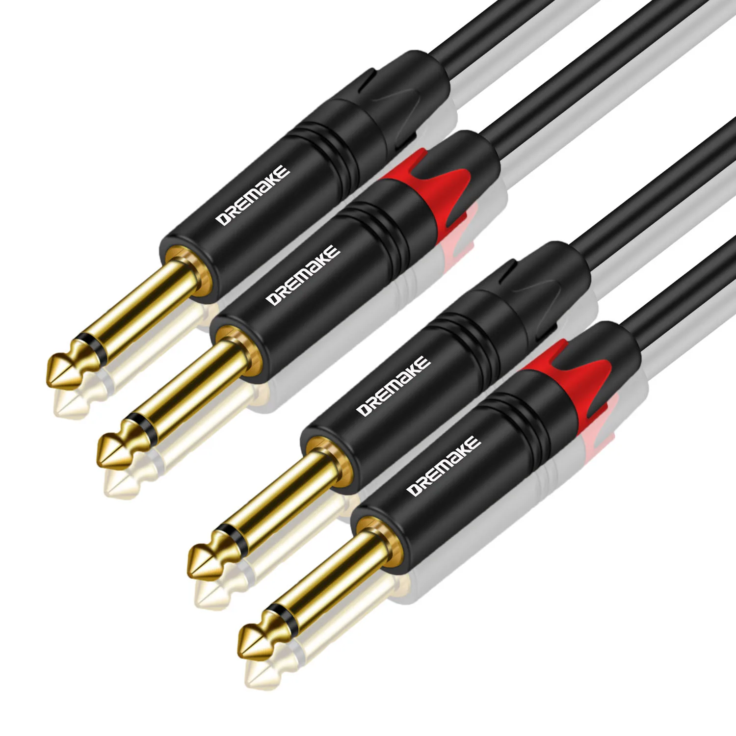 DREMAKE TS 6.35mm to 6.35mm Mono Amp Cord, 2 x 1/4'' TS Mono 6.35mm Jack Male to 2 x 1/4'' Male Audio Cable for Guitar Amp Mixer