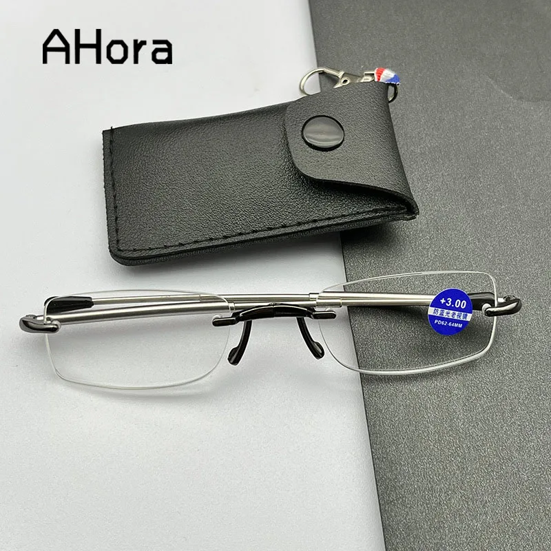 

Ahora Portable Rimless Men Foldable Reading Glasses Key Chain Blocking Blue Light Presbyopic Glasses Shrinkable Legs Unisex