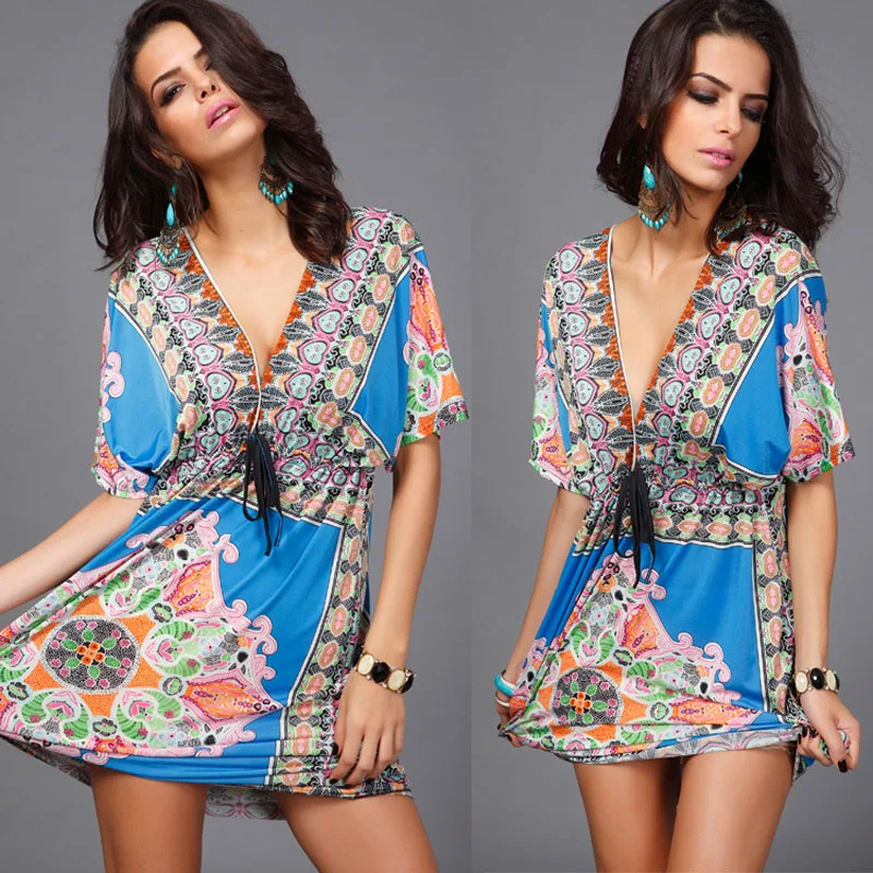 Boho Style Loose Summer Womens Sleepwear Silk Sexy Nightdress Deep V Ethnic Floral Print Tunic Nightgown Satin Short Nightwear