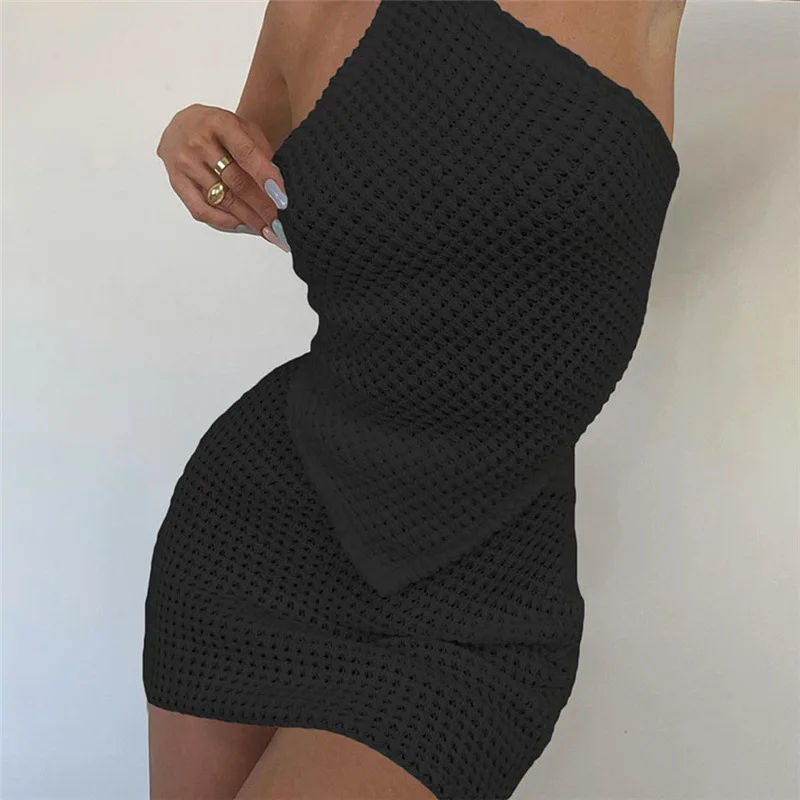 

Knitted Dress Sexy Backless Hollow Halter-neck Mini Dress Set Summer Bodycon Lacying-up Two Peice Sets for Womens 2022