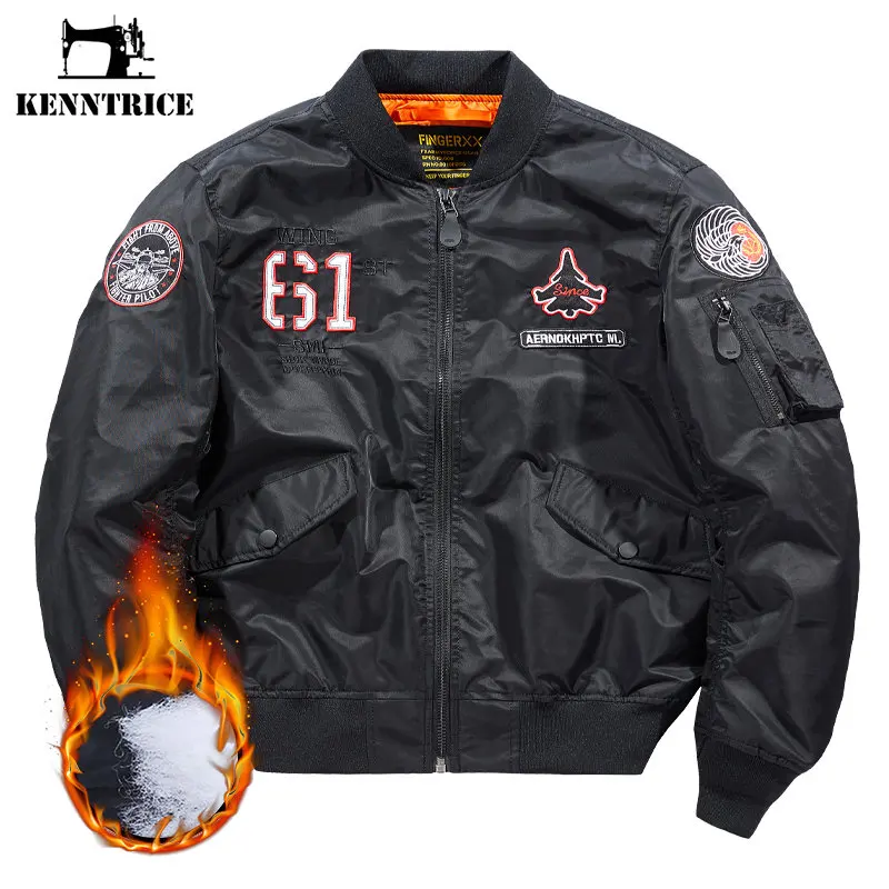 Kenntrice Winter Mens Bomber Jacket Cotton Padded Military Pilot Coats Autumn Black Casual Embroidery Pilot Jackets Men Clothing
