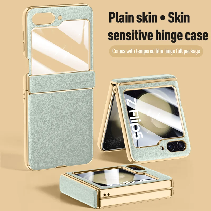 

Luxury Plating Gold Frame Plain Leather Cover For Samsung Galaxy Z Flip5 5G Case Shockproof Hinge Coque With Back Screen Glass