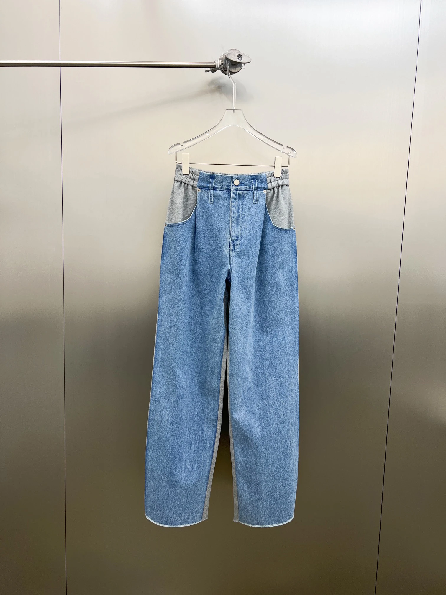 2023 spring and summer new blue gray patchwork color elastic waist wide leg jeans casual fashionable loose straight version