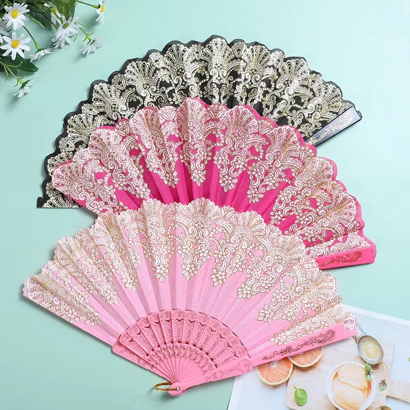

Fashion Folding Fan Flower Lace Silk Wedding Dance Party Stage Performance Decoration Fashion Hot Stamping Hand Held Fan