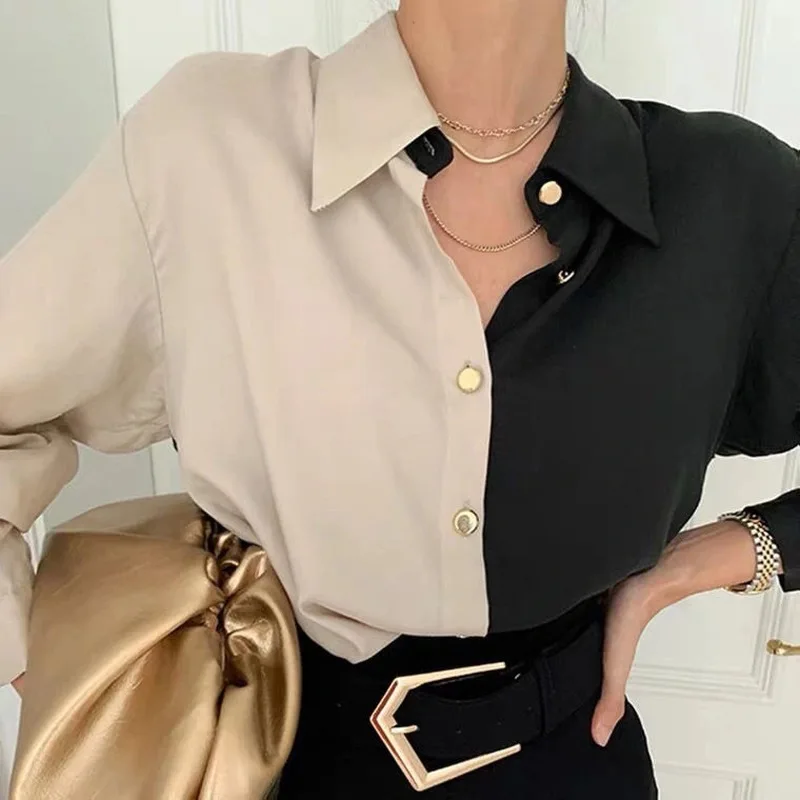 

Woman Patchwork Long Casual Blouse Tops Contrast Color Spliced Long Sleeve Shirt Spring Korean Blouse Female High Street Top