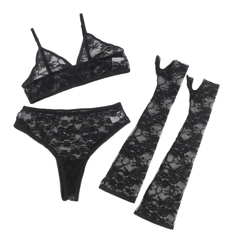 Женский комплект нижнего белья прозрачный однотонный кружевной эротический из