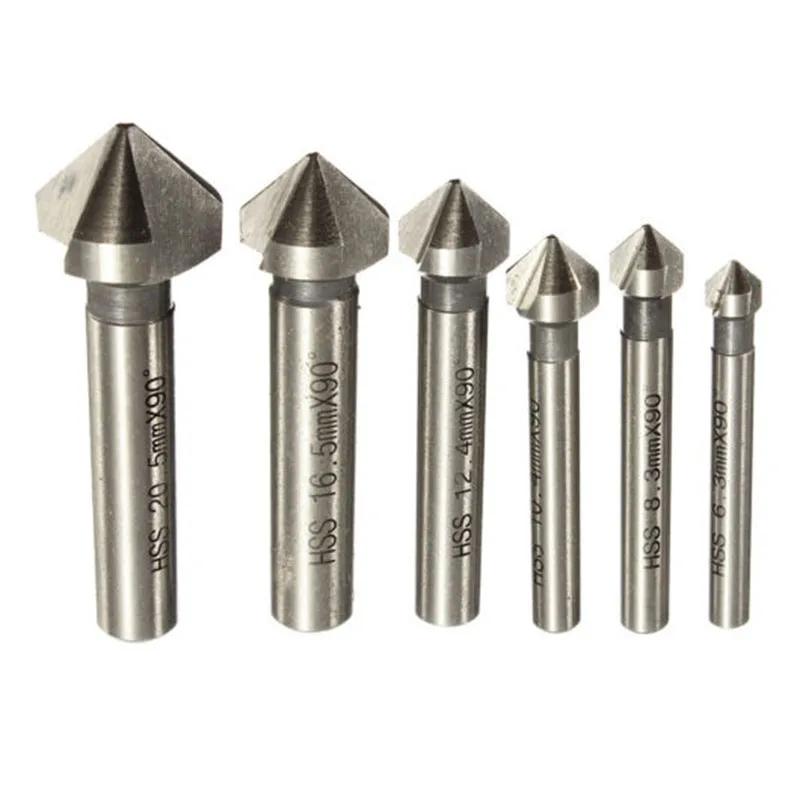 

6PCS Round Shank 3 Flute 90 Degree HSS Chamfer Chamfering Cutter End Mill Tool Countersink Drill Bit Set 6.3-20.5MM