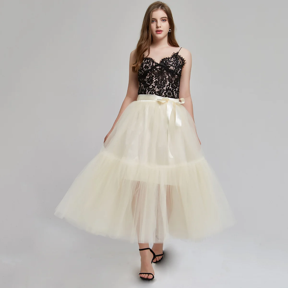 4 Layers Tulle Skirt Fashion Long Tulle Overskirt 2022 Elegant Elastic High Waist Tulle Skirt Saia Longa Detachable Prom Skirt images - 6