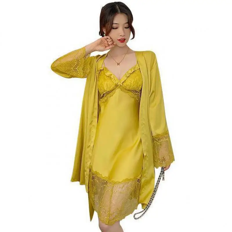 Ночная сорочка женская с кружевной отделкой комплект из 2 предметов халат на