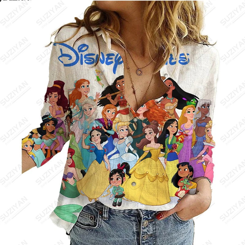 

2023New Disney Harajuku Slim Fit 3D Printing Women's Button Loose Long Sleeve Lapel Seven Dwarfs Casual Cute Shirt Plus Size y2k