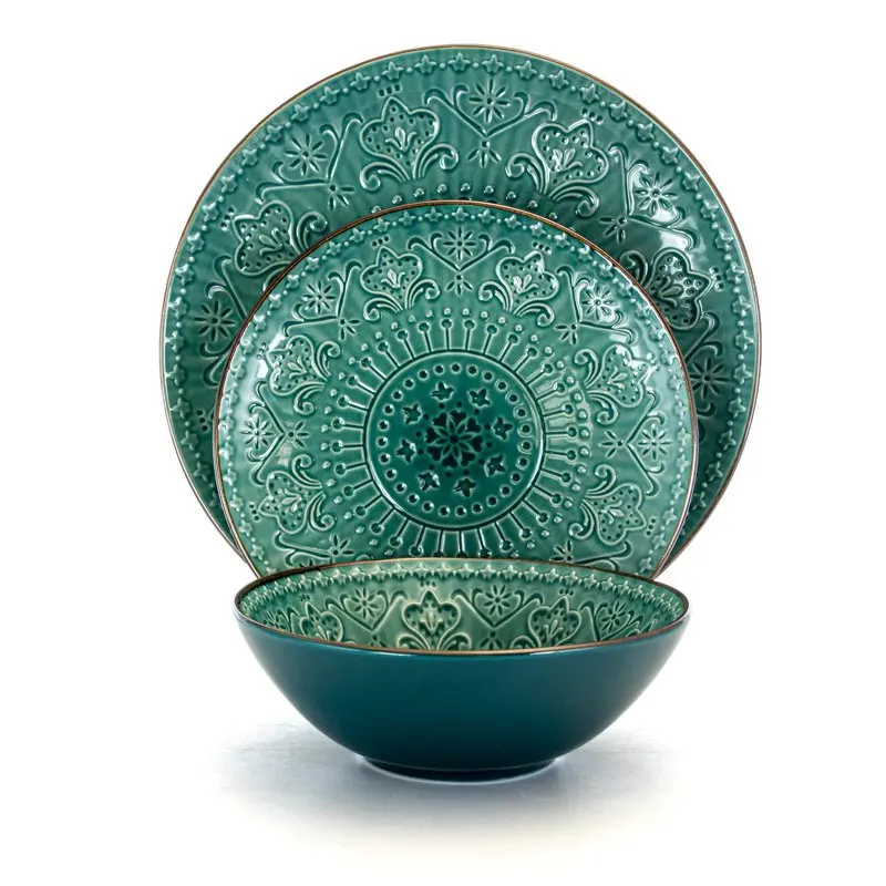 

Classy Stylish 16 Piece Round Stoneware Sea Green Dinnerware Set with Foam Mosaic Design - Perfect for Any Meal.
