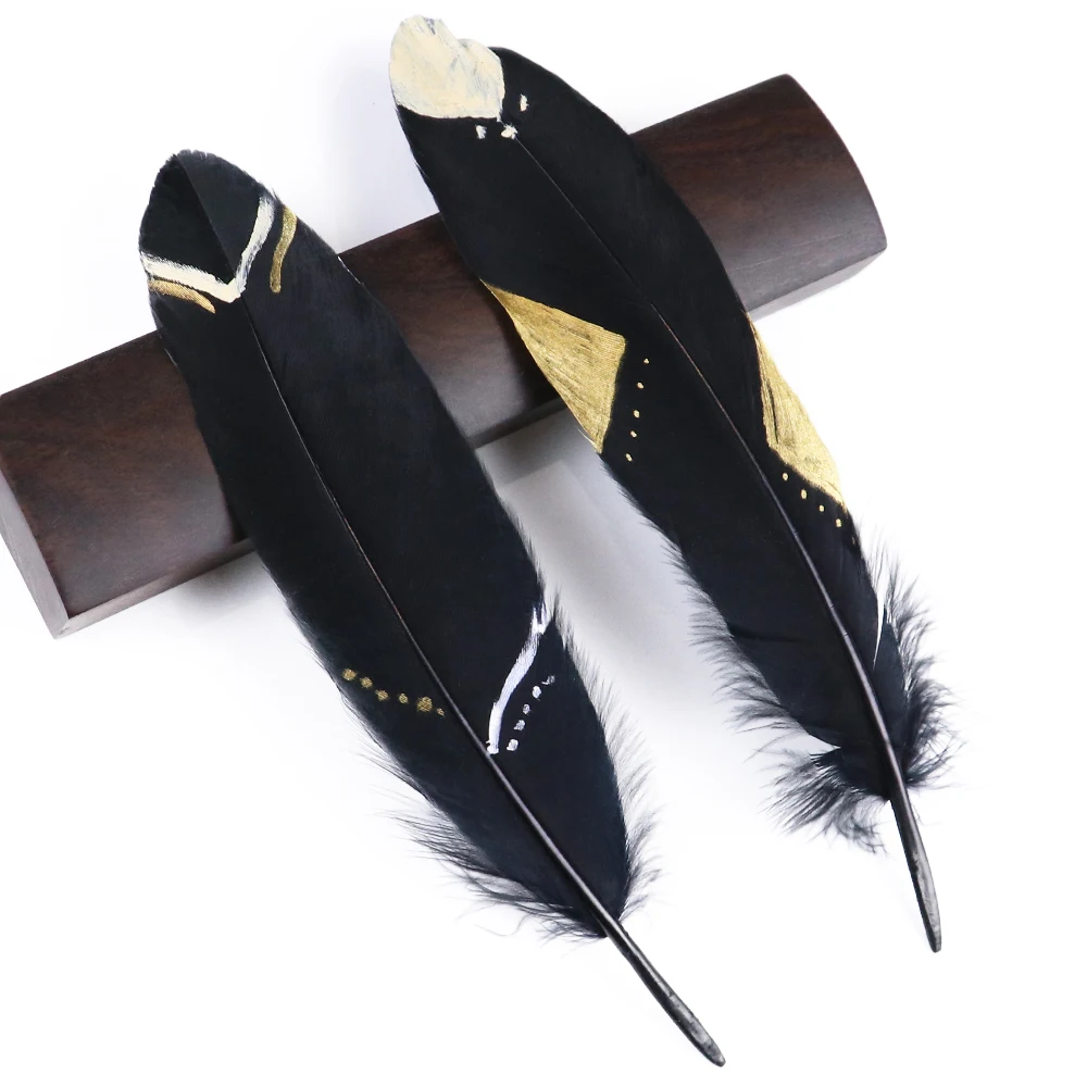 

15-20cm Hand Painted Black Goose Feathers Needlework Crafts Gold Powder Plumes for Carnival Headdress Handicraft 50pieces/Lot