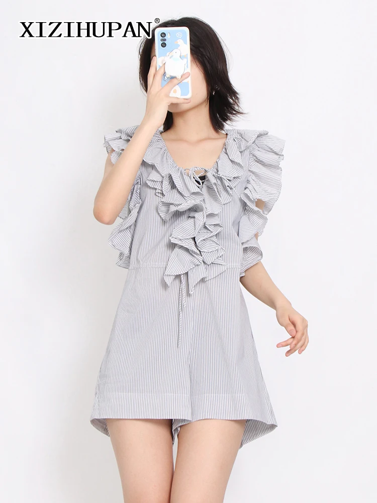 

XIZIHUPAN повседневные полосатые Лоскутные Комбинезоны с оборками для женщин V-образный вырез без рукавов Высокая талия на шнуровке Женский Летний стиль