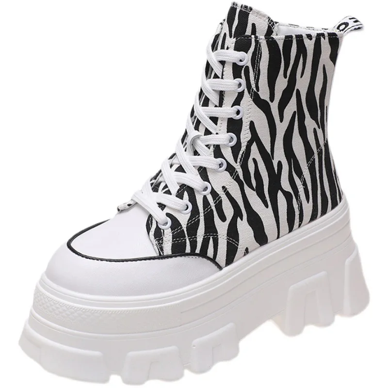

2022 New Women Platform Canvas Sneakers Lace-Up High Top Female Casual Shoes Fashion Zebra Pattern Lace Up Lady Sports Boots