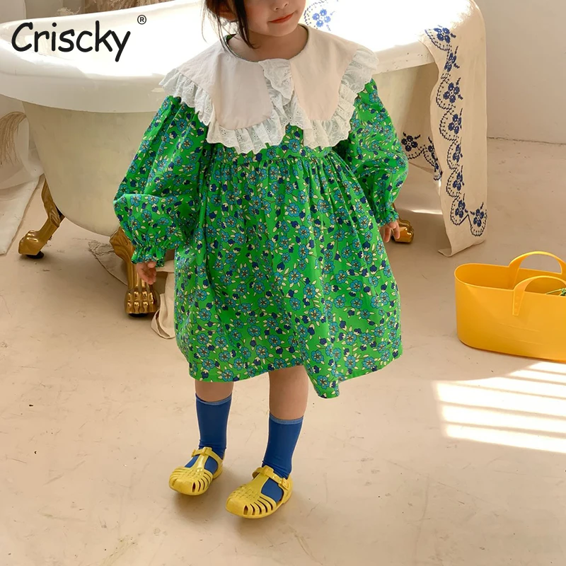 

Criscky Elegant Girls Long Sleeve Dresses Peter Pan Collar Lace Floral Print Fairy Princess Cloth Children Vestidos