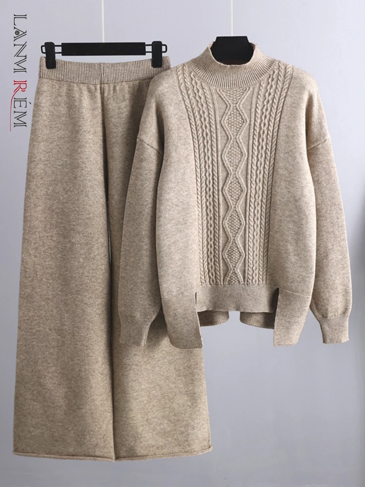 

LANMREM Knitted Geometry Pullover Sweater With Wide Leg Pants Female 2 Pieces Sets Thick Fashion Outwear Clothes Winter 2R4577